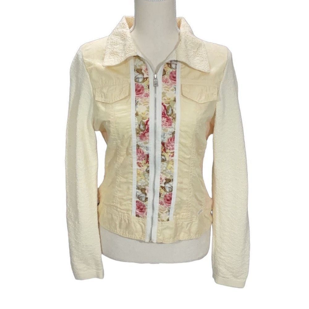VTG Blue Willi’s Yellow Full Zip Floral Danish Design Collared Sweater Jacket Sm